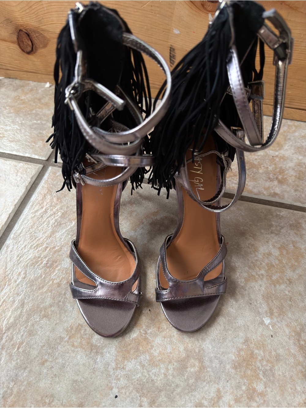 Nasty Gal Metallic Pewter Fringe Stiletto Heels Ankle Strap Sandals